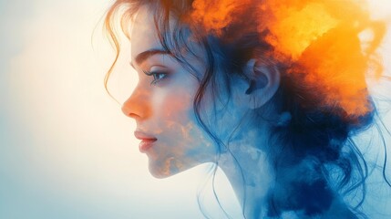 Surreal Portrait of a Woman's Profile with Abstract Fire and Sky Generative AI