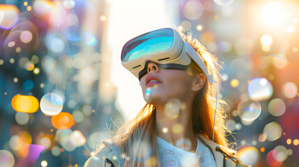 A woman wearing virtual glasses will wipe while controlling a program. AI Generated