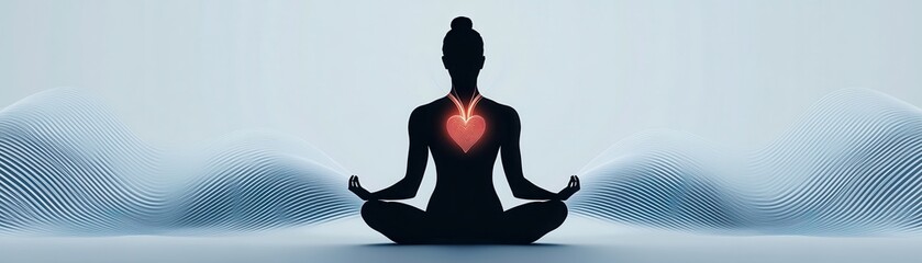 A serene silhouette of a person meditating with a glowing heart symbolizing inner peace and harmony.