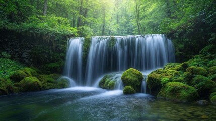 Fototapeta premium Tranquil forest waterfall cascading over moss-covered rocks into a crystal-clear pool, surrounded by lush greenery under soft, diffused light.