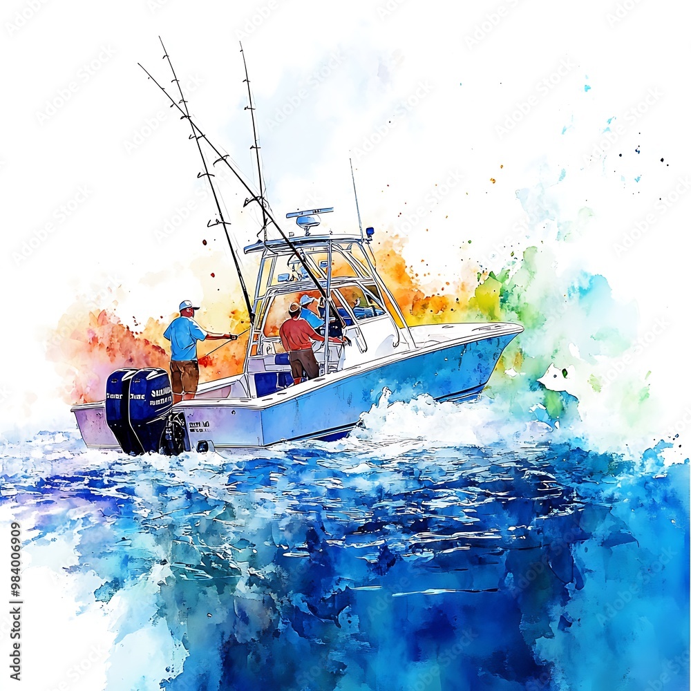 Canvas Prints Watercolor Painting of a Fishing Boat on the Ocean.