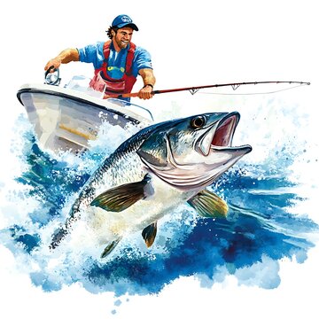 recommend clip art: Fisherman Battling a Huge Fish from a Boat.