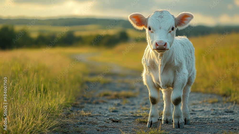 Canvas Prints white calf on country road