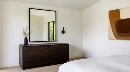 Fototapeta premium Dark wood dresser in a modern master bedroom, elegant storage, minimalist decor with a large mirror above, soft ambient lighting, rich tones, deep and inviting color palette