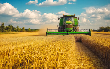 Fototapeta premium Wheat harvesting on field in summer season. modern harvesters with grain header, wide chaff spreader cut and threshes ripe wheat grain . Process of gathering crop by agricultural machinery