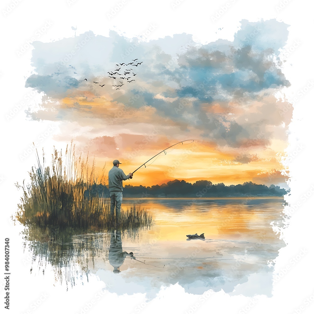 Wall mural Silhouette of a fisherman casting a line on a lake at sunset.