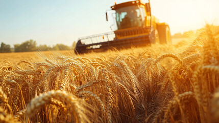 Wheat harvesting on field in summer season. modern harvesters with grain header, wide chaff spreader cut and threshes ripe wheat grain . Process of gathering crop by agricultural machinery