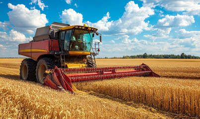 Obraz premium Wheat harvesting on field in summer season. modern harvesters with grain header, wide chaff spreader cut and threshes ripe wheat grain . Process of gathering crop by agricultural machinery