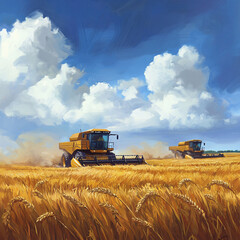 Obraz premium Wheat harvesting on field in summer season. modern harvesters with grain header, wide chaff spreader cut and threshes ripe wheat grain . Process of gathering crop by agricultural machinery