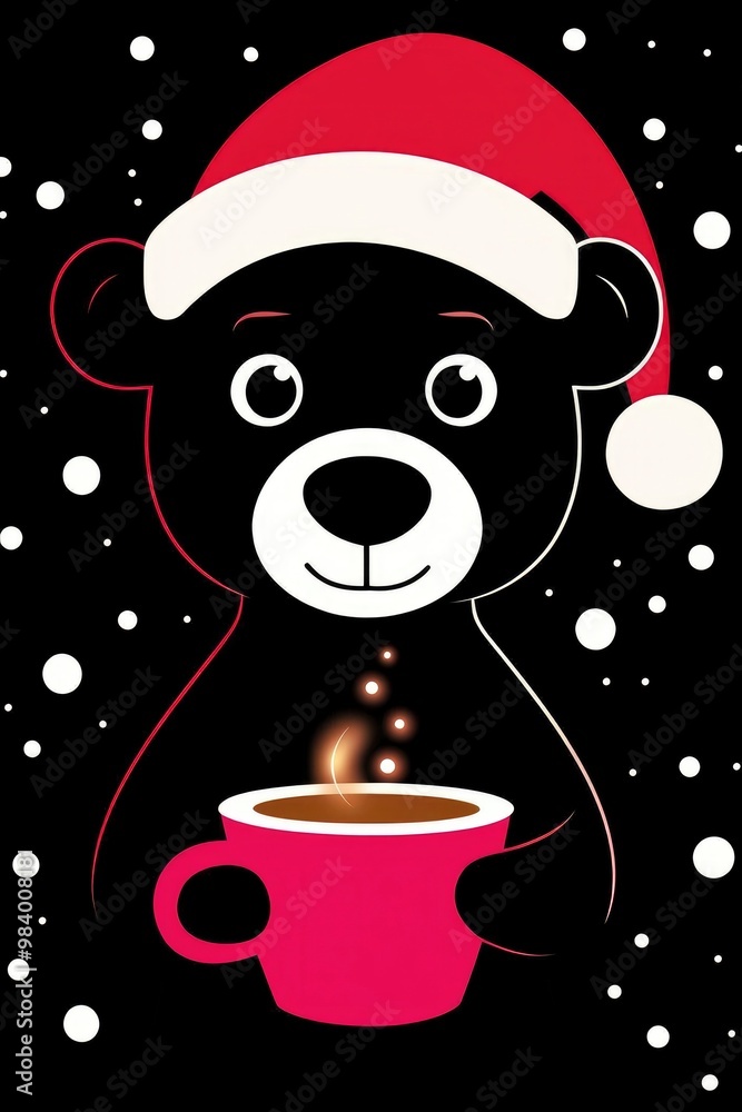 Sticker Cute Bear in Santa Hat Enjoying a Cup of Hot Chocolate