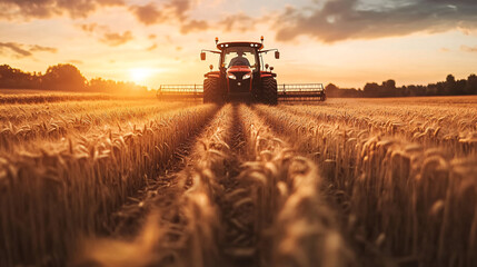 Wheat harvesting on field in summer season. modern harvesters with grain header, wide chaff spreader cut and threshes ripe wheat grain . Process of gathering crop by agricultural machinery