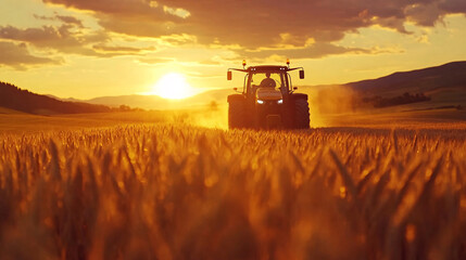 Fototapeta premium Wheat harvesting on field in summer season. modern harvesters with grain header, wide chaff spreader cut and threshes ripe wheat grain . Process of gathering crop by agricultural machinery