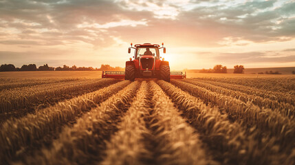 Fototapeta premium Wheat harvesting on field in summer season. modern harvesters with grain header, wide chaff spreader cut and threshes ripe wheat grain . Process of gathering crop by agricultural machinery