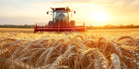 Fototapeta premium Wheat harvesting on field in summer season. modern harvesters with grain header, wide chaff spreader cut and threshes ripe wheat grain . Process of gathering crop by agricultural machinery