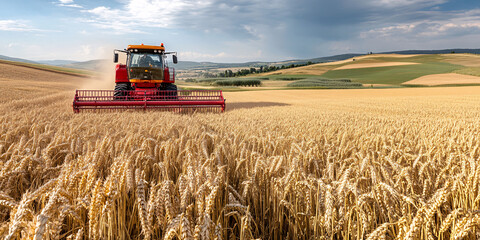 Obraz premium Wheat harvesting on field in summer season. modern harvesters with grain header, wide chaff spreader cut and threshes ripe wheat grain . Process of gathering crop by agricultural machinery