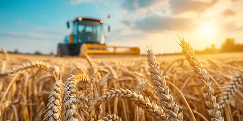 Wheat harvesting on field in summer season. modern harvesters with grain header, wide chaff spreader cut and threshes ripe wheat grain . Process of gathering crop by agricultural machinery