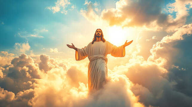 Jesus in heaven with bright light behind. God praying in heaven. Ascension day of jesus christ or resurrection day of the son of god ascension day concept in church. hope, faith, religion, pray