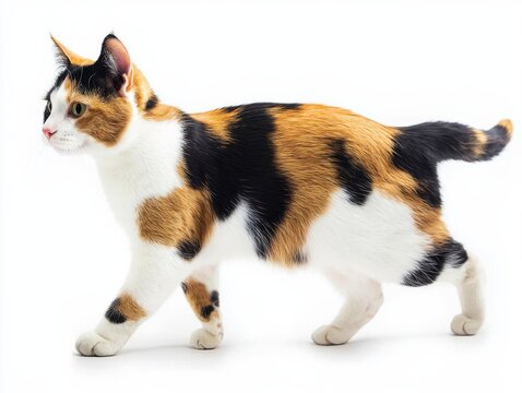 Calico cat walking across white background, isolate,