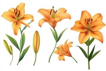 A set of 4 beautiful orange lilies in full bloom, showcasing their intricate petals and stamen, © Vooglo