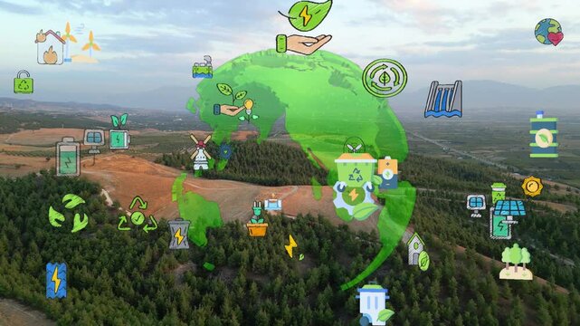 Green forest aerial view and environmental technology concept. Green tech. Ecology. Green transformation. GX. SDGs. High quality 4k footage