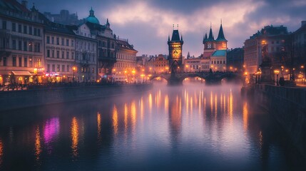 Obraz premium Foggy Prague Bridge at Sunset with River Reflections