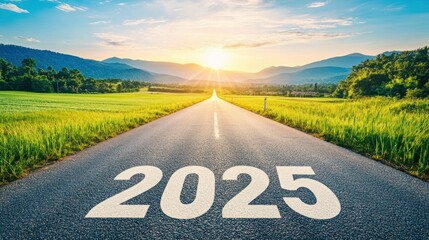 Road to 2025 with an empty road with written 2025 on the road or highway with a sunrise or sunset background. for forward to the goal. Concept of planning, challenge, and success of the new year 2025