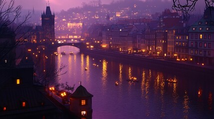 Obraz premium Prague Cityscape at Dusk with River Bridge and Lights
