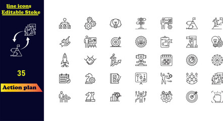 Editable stroke icon set for action plans, featuring icons for strategy, tasks, goals, actions, planning, collaboration, monitoring, improvement, mission, vision, and analysis.
