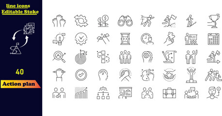 Editable stroke icon set for action plans, featuring icons for strategy, tasks, goals, actions, planning, collaboration, monitoring, improvement, mission, vision, and analysis.