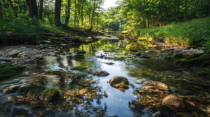 Obraz premium Tranquil Forest Stream with Mossy Rocks and Sunlight Reflections