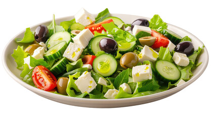 Fresh mixed salad with vegetables and feta cheese, white isolate background