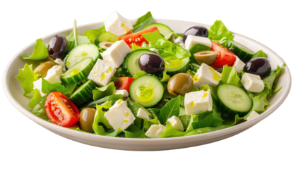 Fresh mixed salad with vegetables and feta cheese, white isolate background