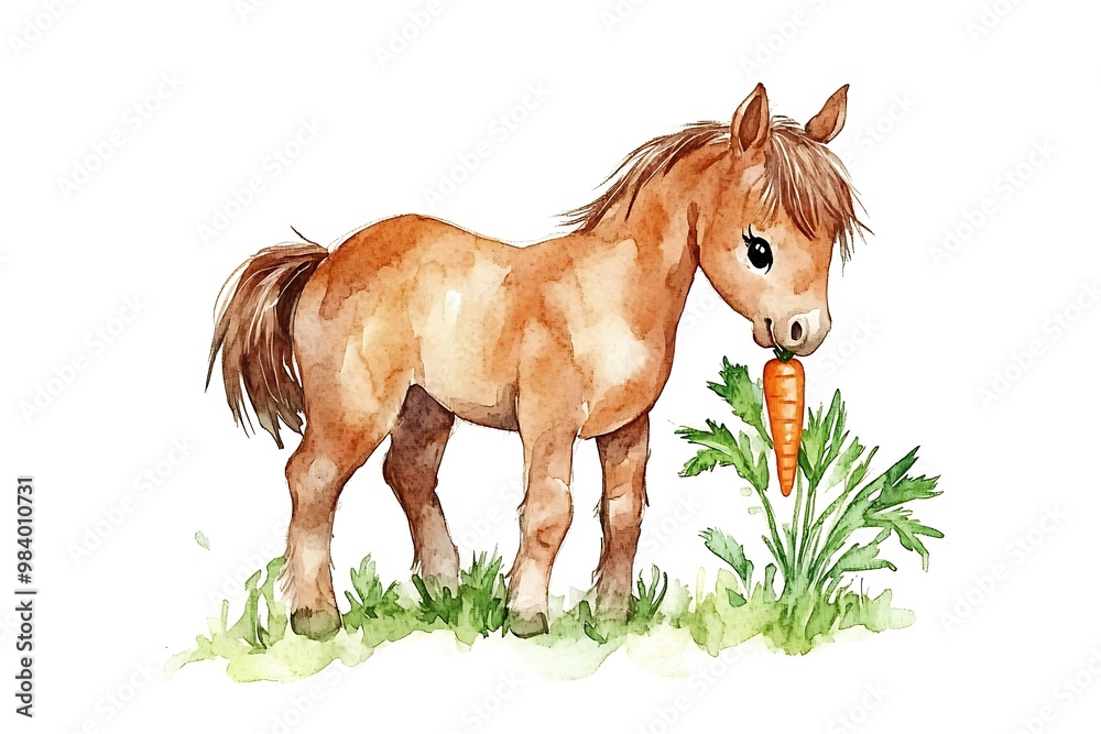 Canvas Prints Watercolor Illustration of a Cute Pony Eating a Carrot.