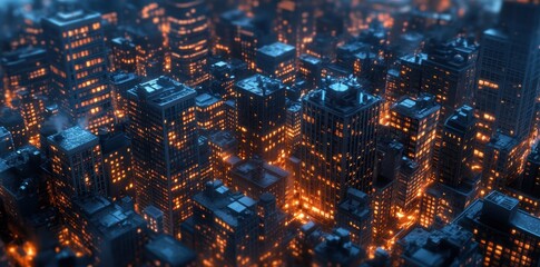 busy metropolis with glowing windows and streets packed with cars