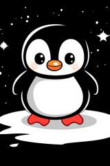 Fototapeta premium Cute Cartoon Penguin on Ice with Starry Night Background
