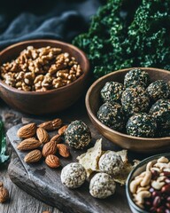 A variety of healthy snacks including nuts, energy balls, and kale, arranged on a wooden surface.