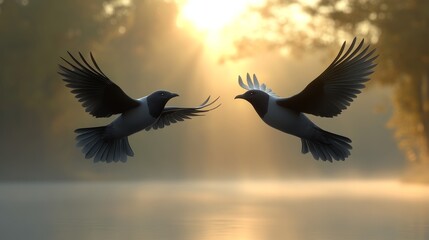 Two birds gracefully flying in a serene landscape at sunrise, showcasing nature's beauty and tranquility.