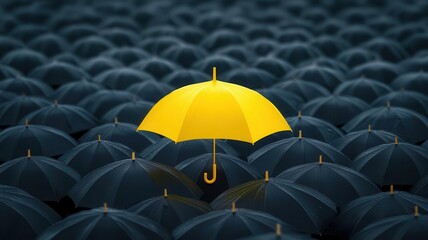 Bright yellow umbrella standing out in the middle of a sea of black umbrellas on a rainy street, symbolizing individuality and optimism