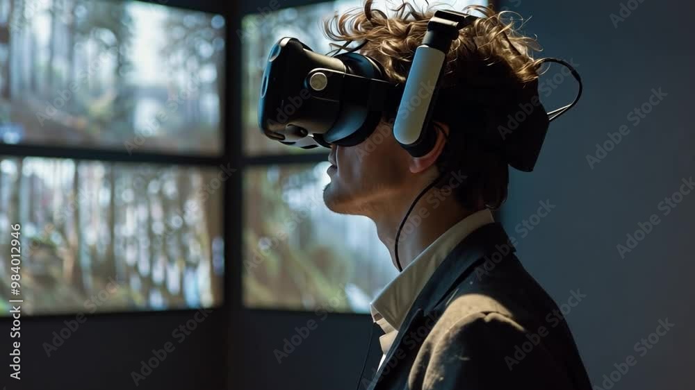 Aufkleber a person is engaged in a virtual reality session, wearing a headset and immersed in a digital landsc