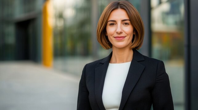 Full-body portrait of a businesswoman in a formal suit standing outside a business center the modern structure reflecting ambition and success