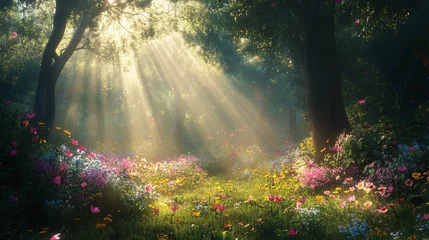 Fototapete Rund Magical Forest Meadow With Sunbeams and Butterflies © CRISPIFLY