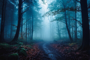 Obraz premium A mystical fog-covered forest, where towering trees disappear into the haze, evoking feelings of magic, mystery, and serenity. generative AI