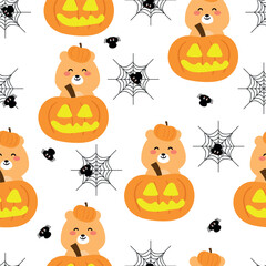 seamless pattern cartoon bear with pumpkin and ghost for halloween. cute halloween wallpaper for fabric print, gift wrap paper
