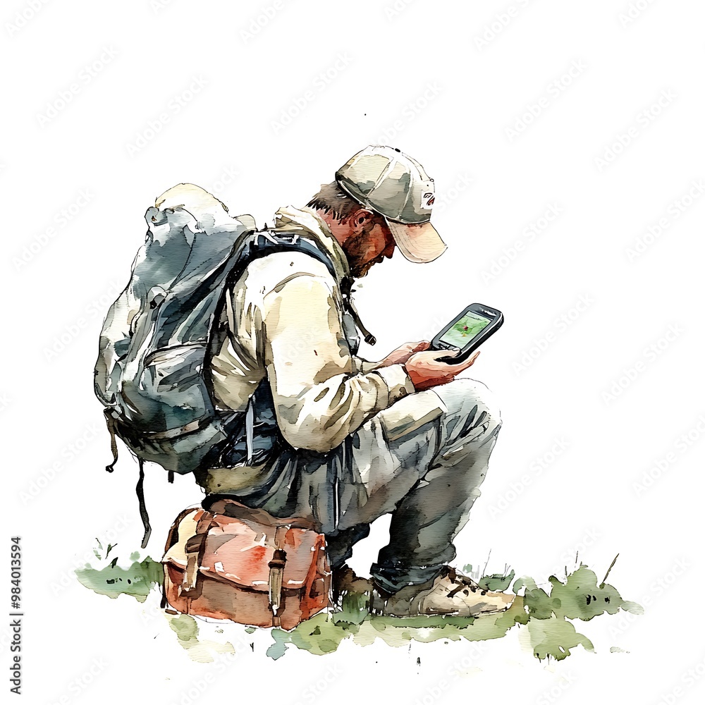 Canvas Prints Watercolor Illustration of a Man Hiking and Using a GPS Device.