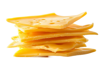 Floating thin cheese slices isolated on transparent background.