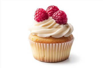 Cupcake with white cream and raspberries on isolated background
