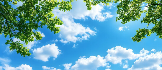Obraz premium Blank blue sky with fluffy clouds and green tree branches in the foreground providing copy space image