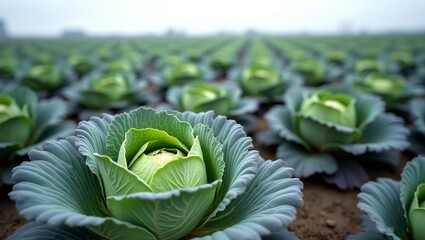 field of cabbage. The field is vast and the cabbage plants are dense plants are healthy 