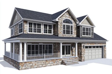 Create an image of a two-story traditional suburban house with a stone and beige exterior