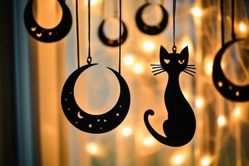 Halloween-themed laser-cut ornaments in the shapes of black cats and crescent moons, hanging against a softly lit background.